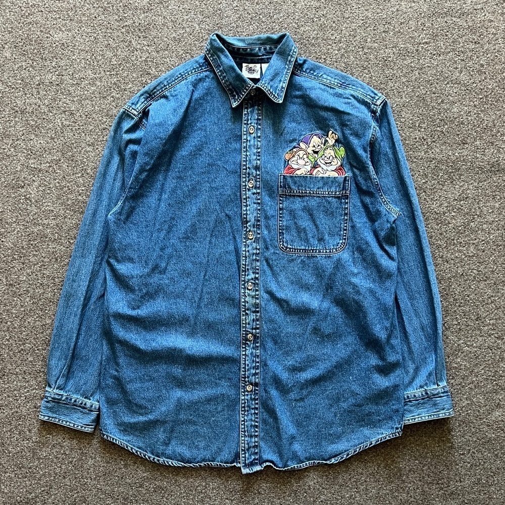 VTG Disney Dwarfs Embroidered Pocket Button Up Blue Denim Shirt Men M Snow White
